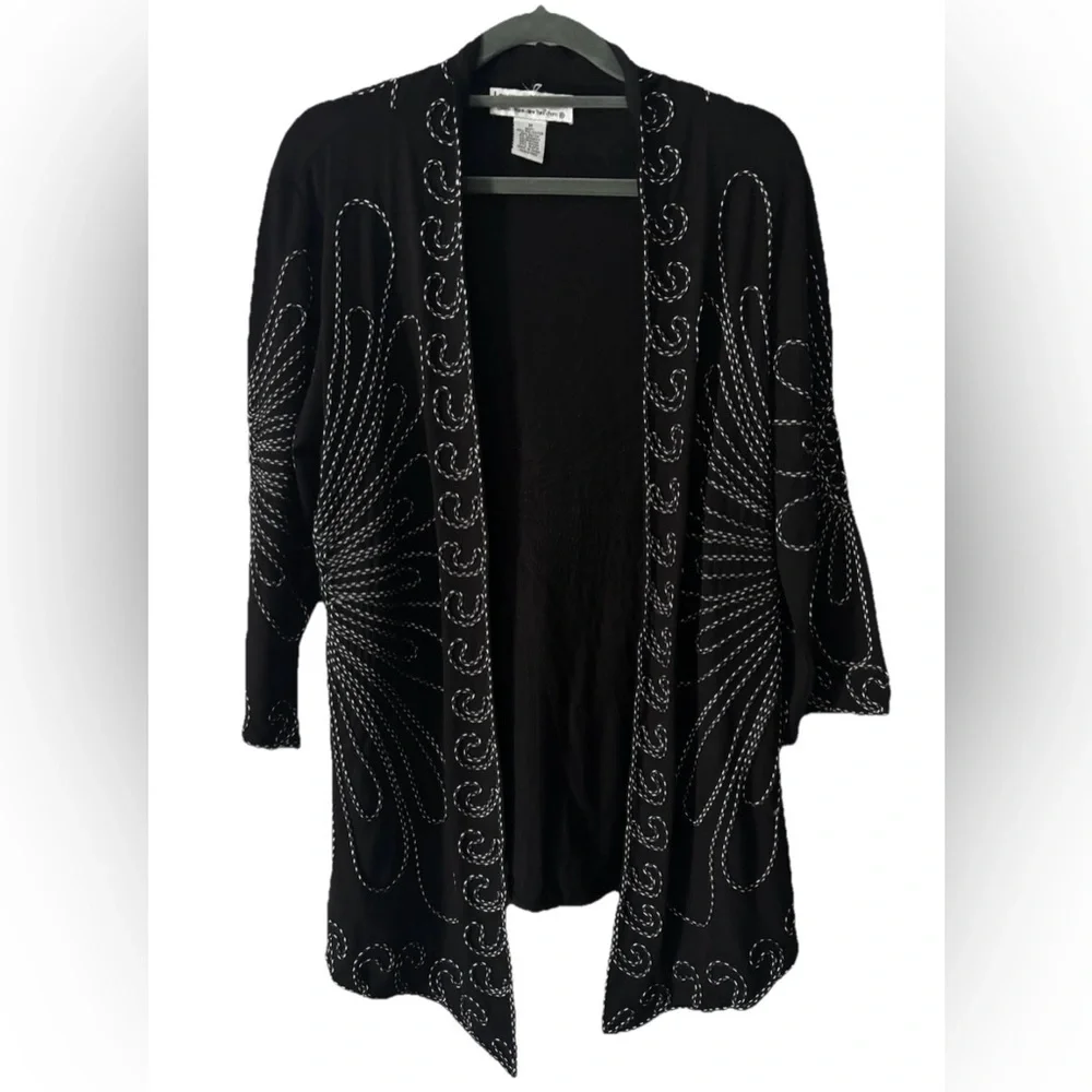 Lauren Michelle Size Medium Embroidered Cardigan Black White Open Front
